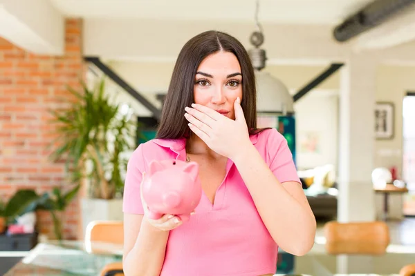 Young Pretty Woman Piggy Bank Home Savings Concept — Stockfoto