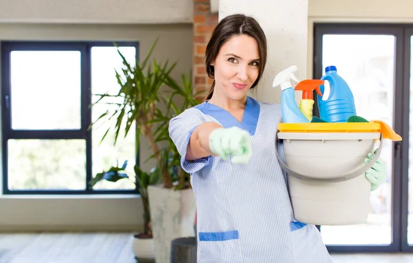 Young Pretty Woman Pointing Camera Choosing You Housekeeper Concept — Stockfoto