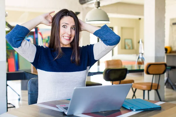 Young Pretty Woman Feeling Stressed Anxious Scared Hands Head Telecommuting — Stock Photo, Image