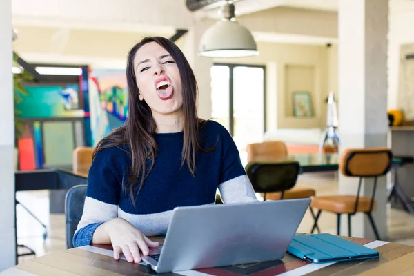 Young Pretty Woman Feeling Disgusted Irritated Tongue Out Telecommuting Concept — Stock Photo, Image