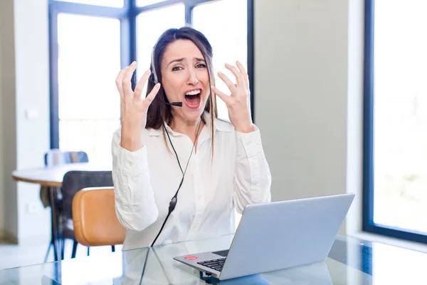 Young Pretty Woman Looking Desperate Frustrated Stressed Telemarketer Concept — Stock Photo, Image