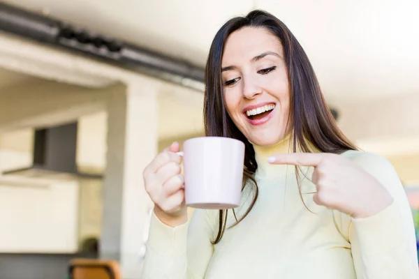 Young Adult Pretty Woman Having Coffee Cup Breakfast —  Fotos de Stock