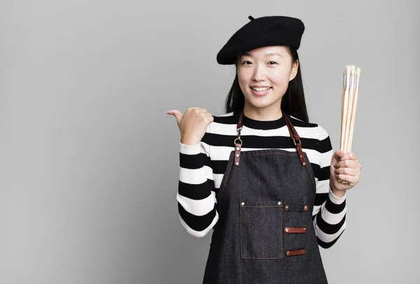 Young Adult Pretty Asian Woman Beret Paint Art Student Concept — Foto de Stock