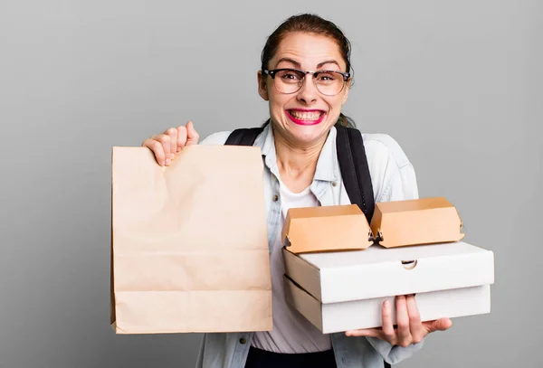 Young Adult Pretty Woman Take Away Delivery Fast Food Boxes — Stock Photo, Image