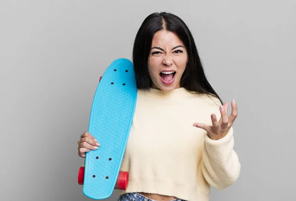 Hispanic Pretty Woman Looking Angry Annoyed Frustrated Skate Boarding Concept — Foto de Stock