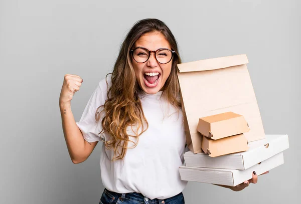 Hispanic Pretty Woman Shouting Aggressively Angry Expression Fast Food Packages — Photo