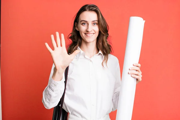 Young Pretty Woman Smiling Looking Friendly Showing Number Five Architect — Stock Photo, Image