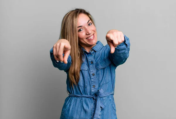 Blonde Adult Woman Feeling Happy Confident Pointing Camera Both Hands — Stock Photo, Image