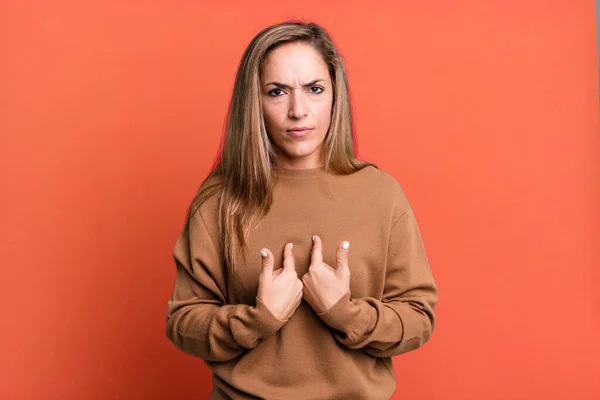 Blonde Adult Woman Pointing Self Confused Quizzical Look Shocked Surprised — Stockfoto
