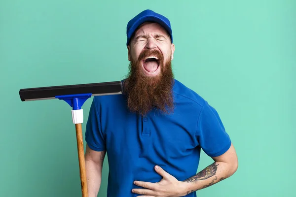 Young Adult Red Hair Bearded Cool Man Windows Washer Concept — Stock Photo, Image