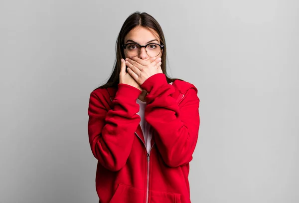 Pretty Young Adult Woman Covering Mouth Hands Shocked Surprised Expression — Stock Photo, Image