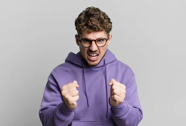 Young Adult Caucasian Man Shouting Aggressively Annoyed Frustrated Angry Look — Stockfoto