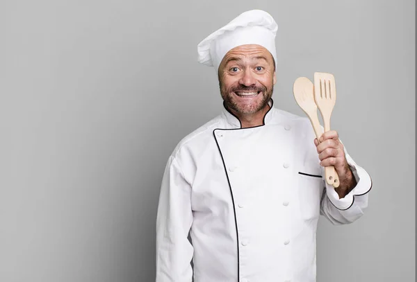 Middle Age Man Looking Happy Pleasantly Surprised Chef Tools Concept — Stock Photo, Image
