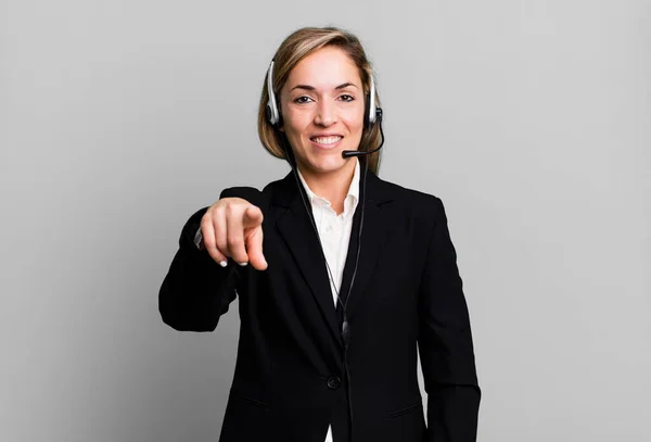 Pretty Blonde Woman Pointing Camera Choosing You Telemarketing Concept — Stockfoto
