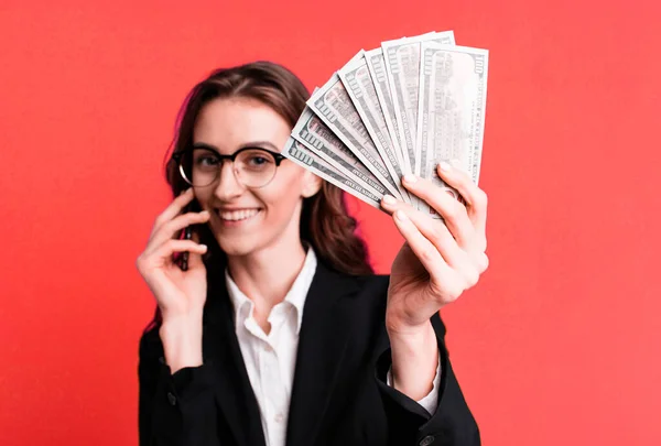 Jovem Mulher Negócios Bonita Com Notas Dólar — Fotografia de Stock