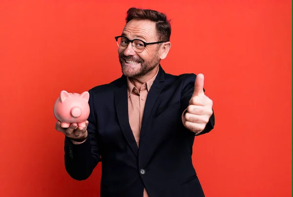 Middle Age Man Feeling Proud Smiling Positively Thumbs Piggy Bank — Stock fotografie