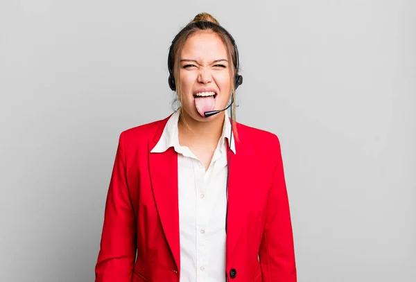 Hispanic Pretty Woman Feeling Disgusted Irritated Tongue Out Telemarketing Concept — Stock Photo, Image