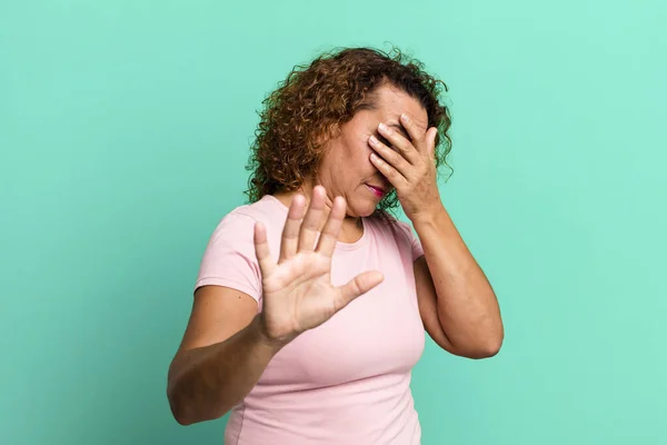 Middle Age Hispanic Woman Covering Face Hand Putting Other Hand — Stock Photo, Image