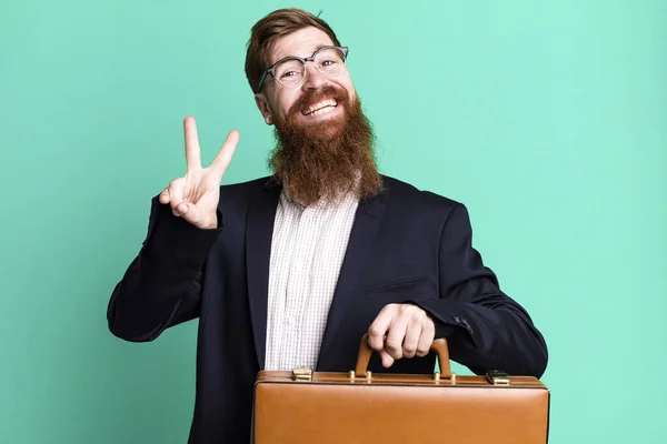 Young Adult Red Hair Bearded Cool Businessman Leather Suitcase — Stock Photo, Image