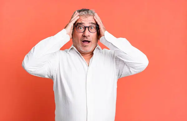 Middle Age Senior Man Raising Hands Head Open Mouthed Feeling — Stock Photo, Image