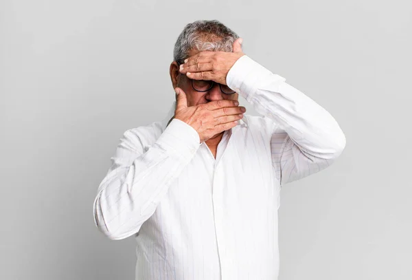 Middle Age Senior Man Covering Face Both Hands Saying Camera — Stock Photo, Image