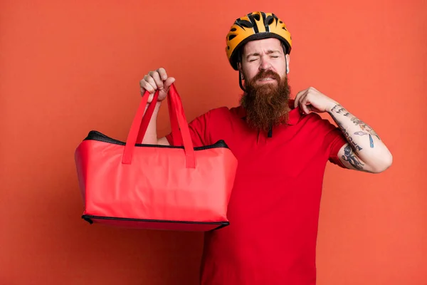 Long Beard Man Feeling Stressed Anxious Tired Frustrated Pizza Delivery — Stock Photo, Image