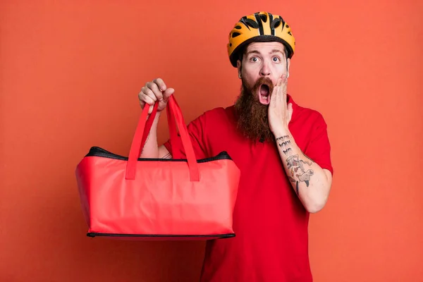 Long Beard Man Feeling Shocked Scared Pizza Delivery Concept — Stock Photo, Image