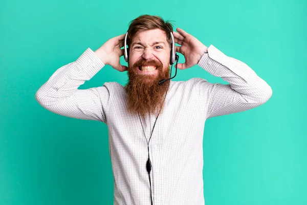 Long Beard Man Feeling Stressed Anxious Scared Hands Head Telemarketer — Stock Photo, Image
