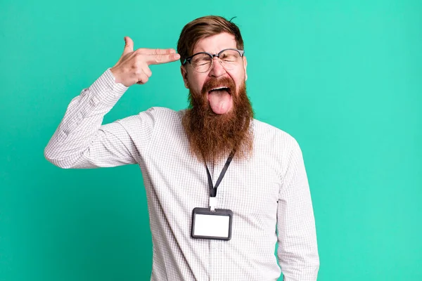 Long Beard Man Looking Unhappy Stressed Suicide Gesture Making Gun — Stock Photo, Image