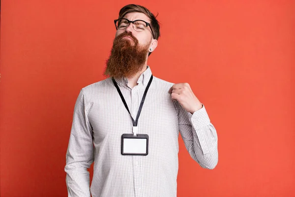 Long Beard Man Looking Arrogant Successful Positive Proud Vip Badge — Stock Photo, Image