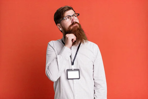 Long Beard Man Thinking Feeling Doubtful Confused Vip Badge Accreditation — Stock Photo, Image