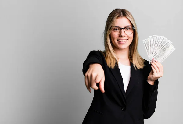 Young Pretty Woman Pointing Camera Choosing You Business Money Concept — Stock Photo, Image