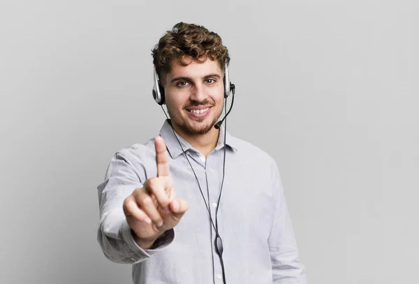 Young Adult Caucasian Man Smiling Proudly Confidently Making Number One — Stockfoto