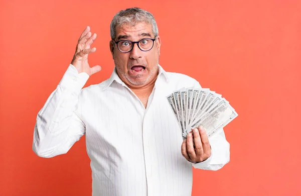 Homem Meia Idade Gritar Com Mãos Conceito Notas Dólar — Fotografia de Stock