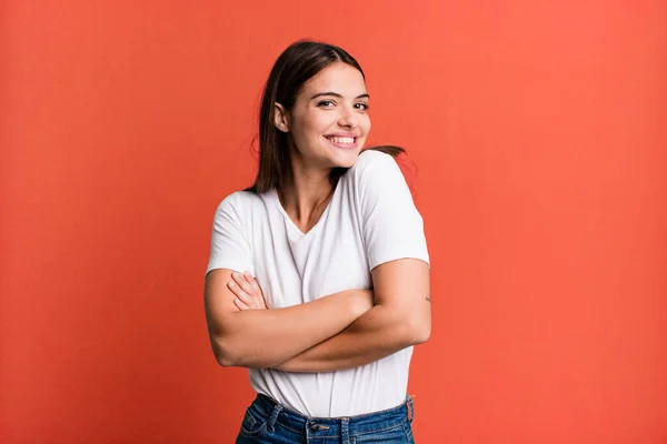 Pretty Young Adult Woman Laughing Happily Arms Crossed Relaxed Positive — Foto de Stock