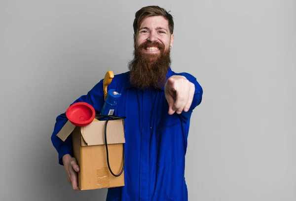 Long Beard Man Pointing Camera Choosing You Repairman Toolbox Concept — Stock Photo, Image