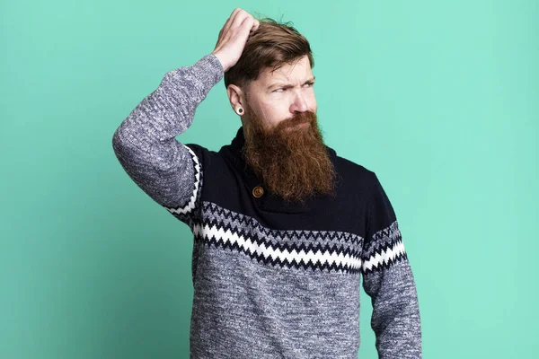 Long Beard Red Hair Man Feeling Puzzled Confused Scratching Head — Stock Photo, Image