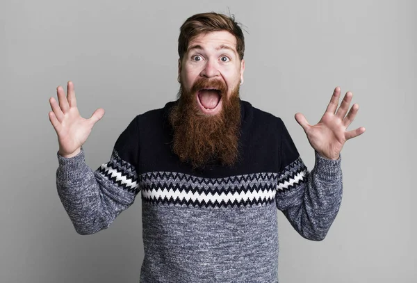 Длинная Борода Рыжие Волосы Мужчина Чувствует Себя Счастливым Поражен Невероятным — стоковое фото