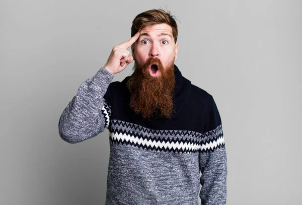 Длинная Борода Рыжие Волосы Человек Выглядит Удивленно Реализуя Новую Мысль — стоковое фото