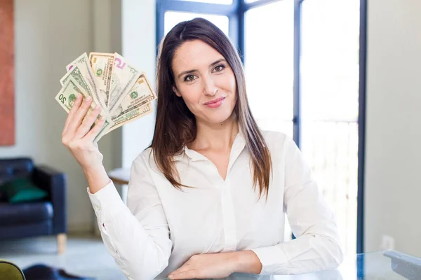 Young Adult Pretty Woman Dollar Banknotes Home — Stockfoto