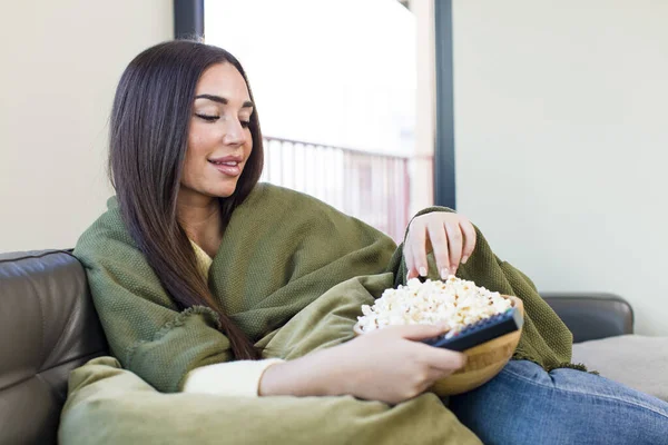 Young Pretty Woman Watching Movie Sitting Couch Home —  Fotos de Stock