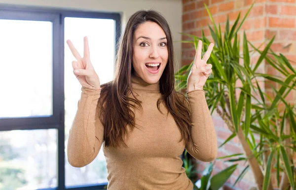 Young Adult Pretty Woman Smiling Looking Happy Friendly Satisfied Gesturing — Foto de Stock