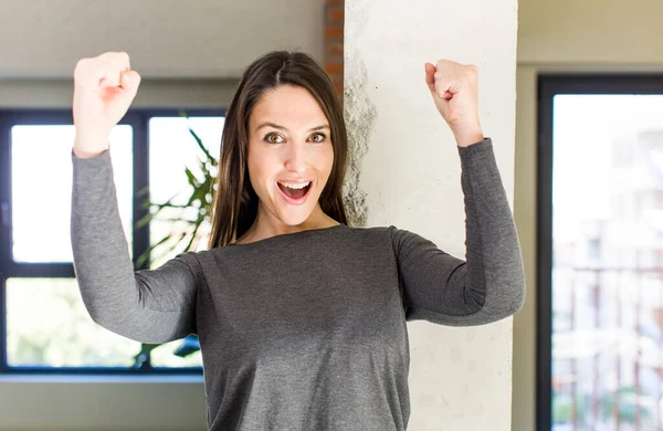 Young Adult Pretty Woman Celebrating Unbelievable Success Winner Looking Excited — Stock Photo, Image