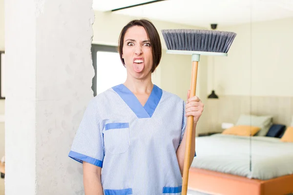 Young Pretty Woman Feeling Disgusted Irritated Tongue Out Housekeeper Concept — Foto Stock