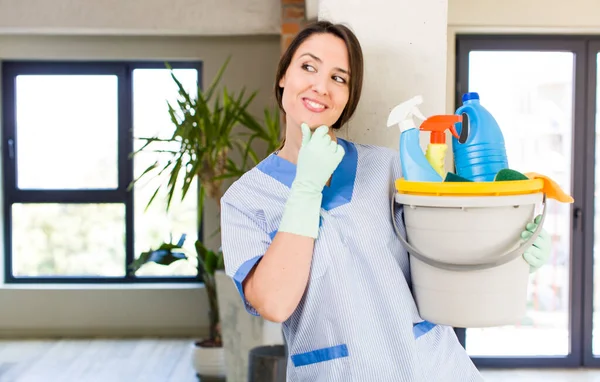 Young Pretty Woman Smiling Happy Confident Expression Hand Chin Housekeeper — Stockfoto
