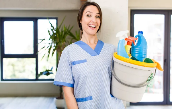 Young Pretty Woman Looking Happy Pleasantly Surprised Housekeeper Concept — Stockfoto