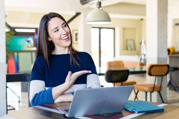 Young Pretty Woman Smiling Cheerfully Feeling Happy Showing Concept Telecommuting — Stockfoto