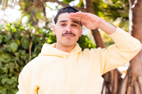 Young Cool Man Greeting Camera Military Salute Act Honor Patriotism —  Fotos de Stock