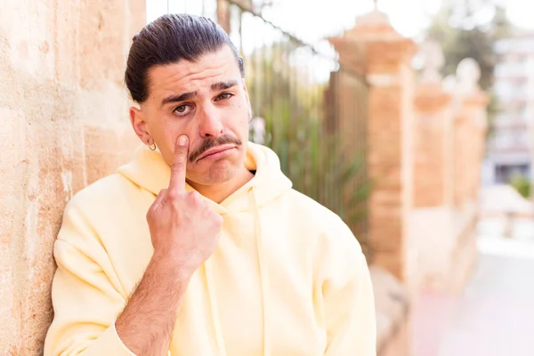 Young Cool Man Looking Desperate Frustrated Sad Unhappy Crying — Foto Stock