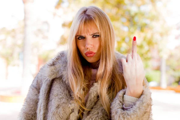 Young Pretty Woman Feeling Angry Annoyed Rebellious Aggressive Flipping Middle — Stock Photo, Image